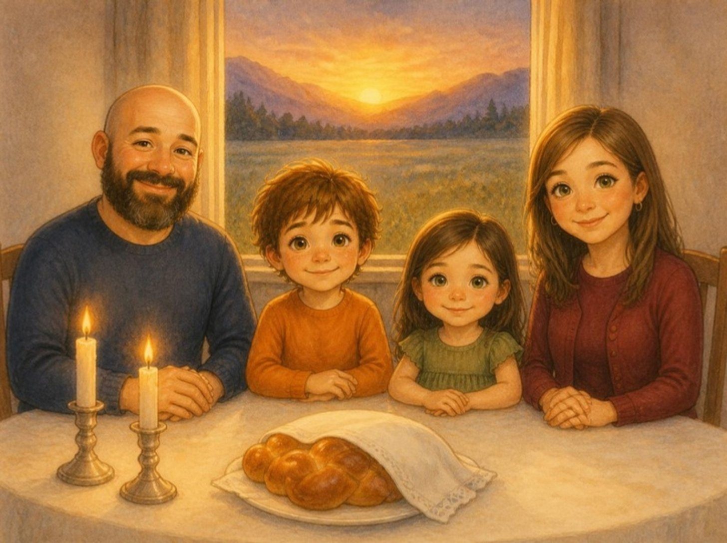 Watercolor of Eli’s family at the Shabbat table with challah and candles